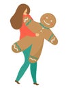 Cheerful woman character hold christmas gingerbread man, female walk xmas mood cartoon vector illustration, isolated on Royalty Free Stock Photo