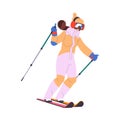 Cheerful Woman Character Skiing at Mountain Ski Resort in Winter Season Vector Illustration