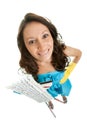 Cheerful woman with cleaning mops