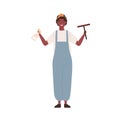 Cheerful woman cleaning service worker in janitor uniform holding sprinkler and window cleaning brush. Housekeeping