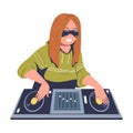 Cheerful woman DJ in sunglasses mixing audio sounds at console mixer cartoon vector illustration Royalty Free Stock Photo