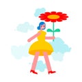 Cheerful woman flies on an flower. Vector illustration