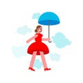 Cheerful woman flies on an umbrella. Vector illustration