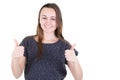 Cheerful woman gesturing thumbs up with copy space white background Royalty Free Stock Photo