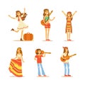 Cheerful Woman Hippie Dressed Subculture Clothing Engaged in Different Activity Vector Set Royalty Free Stock Photo