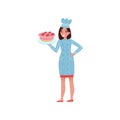 Cheerful woman holding plate with delicious cake. Young baker in working uniform and chef s hat. Flat vector design