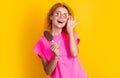 cheerful woman with icelolly ice cream isolated on yellow. woman with icelolly ice cream