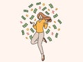 Cheerful woman jumps up standing among rain of money and celebrates receiving big salary