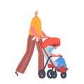 Cheerful Woman with Kid Sit in Go-Cart on Promenade. Mom and Toddler in Pram or Carriage. Mother Walking with Baby