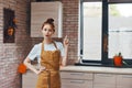 cheerful woman kitchen apartment kitchen utensils interior household concept