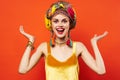 cheerful woman in multicolored turban attractive look Jewelry red background Royalty Free Stock Photo