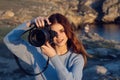 cheerful woman photographer nature rocky mountains hobby Professional
