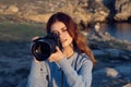 cheerful woman photographer nature rocky mountains hobby Professional