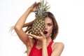 cheerful woman pineapple in hands Exotic relaxation