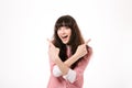 Cheerful woman pointing fingers away Royalty Free Stock Photo