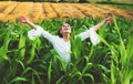 Cheerful woman posing in the corn crop, agriculture and cultivation concept. American woman in a white dress harvests Royalty Free Stock Photo