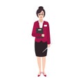 Cheerful woman primary school teacher or educational worker holding book and pointer. Smiling female cartoon character