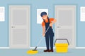 Cheerful woman professional cleaner in uniform cleaning floor in office using mop. Cleaning service company staff flat Royalty Free Stock Photo