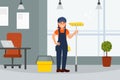 Cheerful woman professional cleaner in uniform cleaning office using mop. Cleaning service company staff flat vector Royalty Free Stock Photo