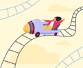 Cheerful woman riding roller coaster in amusement park flat vector illustration. Royalty Free Stock Photo
