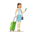 Cheerful woman standing with travel suitcases and holding smartphone in her hand. Colorful cartoon character vector