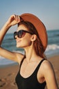 cheerful woman in sunglasses Sandy coast landscape sun