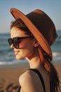 cheerful woman in sunglasses Sandy coast landscape sun