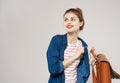 cheerful woman teenager backpack modern style posing