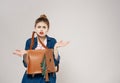 cheerful woman teenager backpack modern style posing