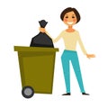 Cheerful woman throws away garbage bag in special bucket