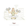 Cheerful woman working out with dumbbells, fitness exercise, girl sitting in lotus pose, vegetarian lifestyle banner Royalty Free Stock Photo