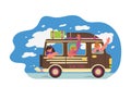 Cheerful women travel by car. Three young girls going on vacation. Van life movement. Vector illustration in freehand drawn style