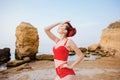 Cheerful wondered beautiful pin up girl in swimsuit posing Royalty Free Stock Photo