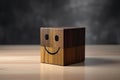 Smiling wooden cube with smiley face on wooden table. Ai generative Royalty Free Stock Photo