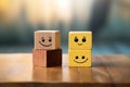 Smiling wooden cube with smiley face on wooden table. Ai generative Royalty Free Stock Photo