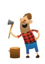 Cheerful woodsman with an ax and a log