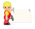 Cheerful worker is nailing paper to the wall