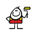 Cheerful worker stands and holds a roller with green paint in his raised hand. Vector illustration of cartoon master of