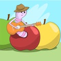 Cheerful worm crawled out of the apple and plays guitar.