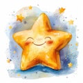 A cheerful yellow cartoon star with a big smile against a blue and white starry sky