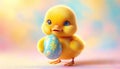 Adorable Fluffy Yellow Chick Holds Decorated Easter Egg During Spring Holiday Royalty Free Stock Photo