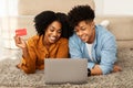 Cheerful young african american guy and woman shopaholics, use laptop