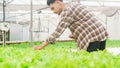 Cheerful young attractive Asia guy farmer checking research quality of green oak from hydroponics vegetable farm in greenhouse