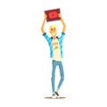 Cheerful young bloger man standing with a tablet in his raised hands, colorful character vector Illustration