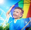 Cheerful Young Boy Playing Kite Outdoors Concept Royalty Free Stock Photo
