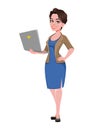 Cheerful young business woman holding laptop. Cute businesswoman cartoon character. Royalty Free Stock Photo