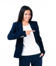 Cheerful young businesswoman pointing finger away Royalty Free Stock Photo