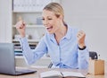 Cheerful young caucasian business woman celebrating her success. Excited female entrepreneur cheering with joy and Royalty Free Stock Photo