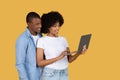 Cheerful young couple browsing on a laptop together with engaged interest