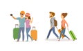 Cheerful young couple , man and woman traveling with suitcases